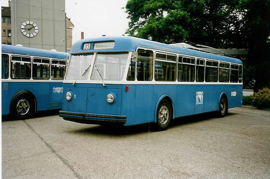 (032'427) - VBZ Z�rich - Nr. 1 - FBW/SWS Trolleybus am 26. Juni 1999 in Z�rich, Garage Hardau