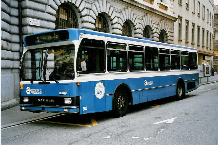 (046'031) - ACT Lugano - Nr. 50/TI 102'421 - Saurer/R&J (ex VBZ Z�rich Nr. 271) am 23. April 2001 in Lugano, Centro