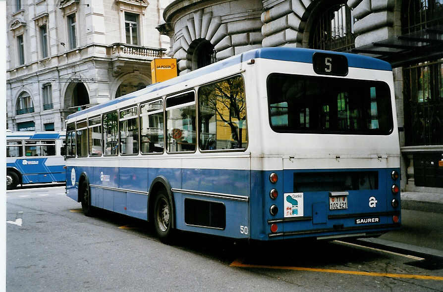(046'032) - ACT Lugano - Nr. 50/TI 102'421 - Saurer/R&J (ex VBZ Z�rich Nr. 271) am 23. April 2001 in Lugano, Centro