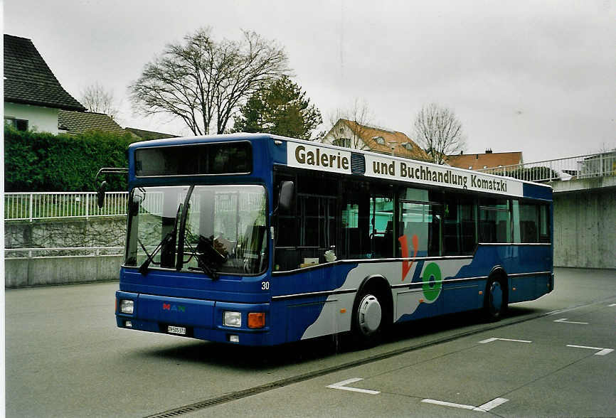 (052'534) - VZO Gr�ningen - Nr. 30/ZH 505'373 - MAN/Ayats (ex AAGL Liestal Nr. 54) am 23. M�rz 2002 in Gr�ningen, Garage
