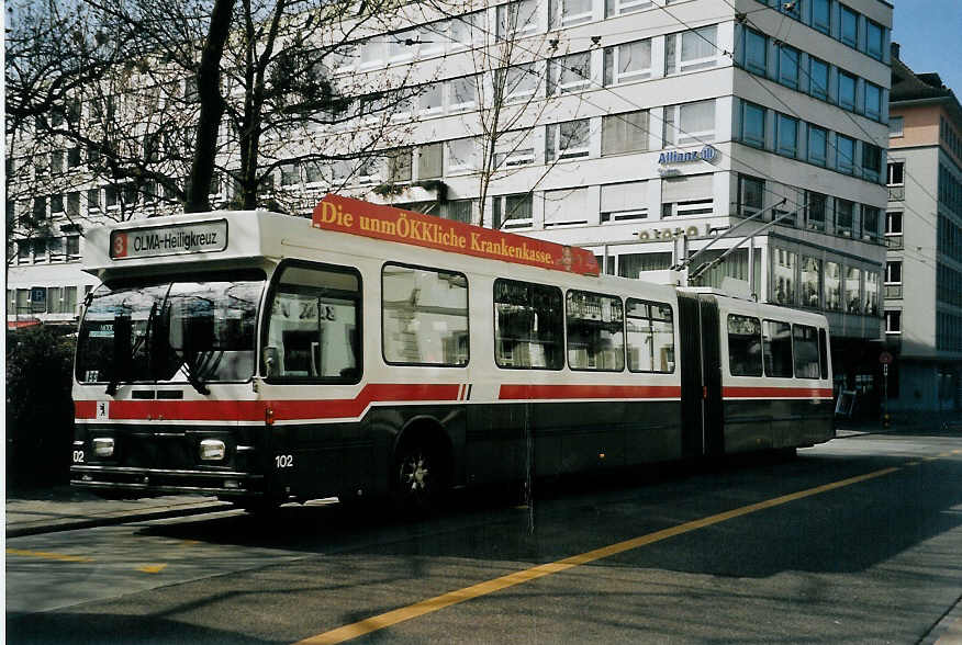 (059'401) - VBSG St. Gallen - Nr. 102 - Saurer/Hess Gelenktrolleybus am 29. M�rz 2003 in St. Gallen, Poststrasse