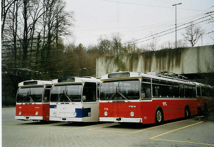 (066'134) - TL Lausanne - Nr. 716 + Nr. 715 + Nr. 713 - FBW/Hess Trolleybusse am 21. M�rz 2004 in Lausanne, D�p�t Borde