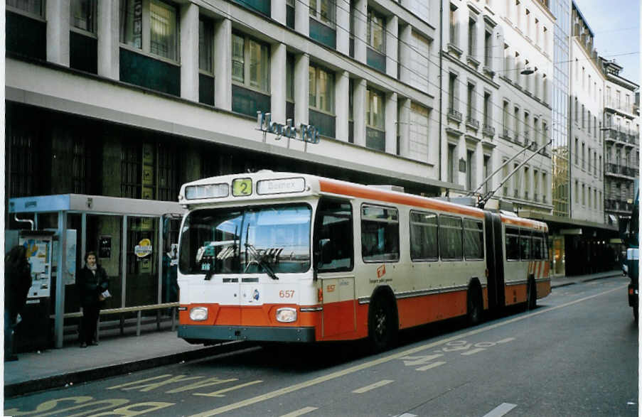(075'012) - TPG Gen�ve - Nr. 657 - Saurer/Hess Gelenktrolleybus am 24. Februar 2005 in Gen�ve, Bel-Air