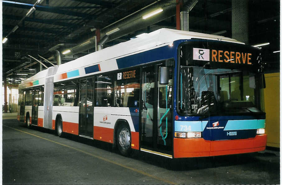 (075'024) - TPG Gen�ve - Nr. 734 - Hess/Hess Gelenktrolleybus am 24. Februar 2005 in Gen�ve, D�p�t