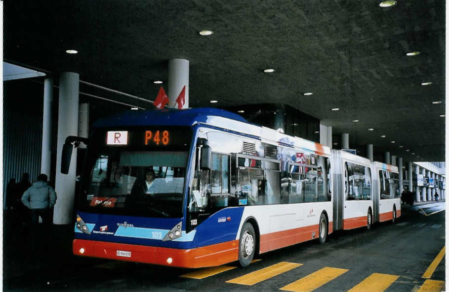 (075'502) - TPG Gen�ve - Nr. 103/GE 960'078 - Van Hool am 6. M�rz 2005 in Gen�ve, Palexpo