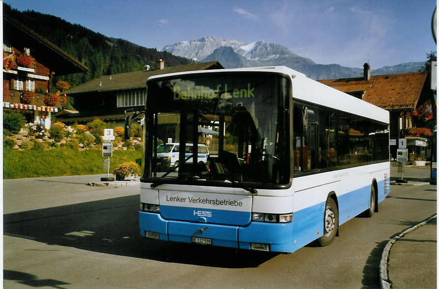 (080'312) - LVB Lenk - BE 132'599 - Volvo/Hess (ex RTB Altst�tten Nr. 12) am 3. September 2005 beim Bahnhof Lenk