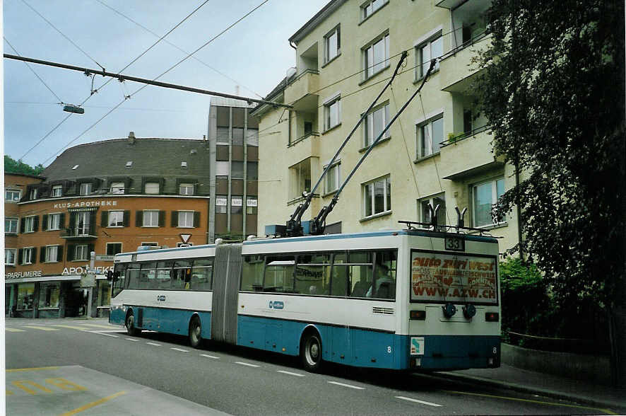 (085'619) - VBZ Z�rich - Nr. 8 - Mercedes Gelenktrolleybus am 25. Mai 2006 in Z�rich, Klusplatz
