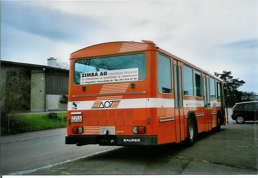 (104'118) - AOT Amriswil - Nr. 8/TG 168'065 - Saurer/T�scher (ex Frommelt, Vaduz) am 4. Februar 2008 in Amriswil, Garage II