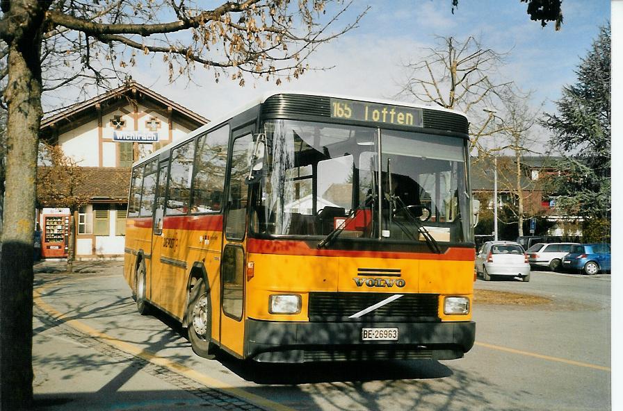 (104'203) - Lengacher, M�nsingen - Nr. 4/BE 26'963 - Volvo/Hess (ex Steiner, Messen) am 12. Februar 2008 beim Bahnhof Wichtrach