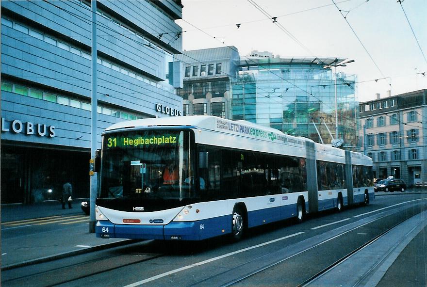 (104'333) - VBZ Z�rich - Nr. 64 - Hess/Hess Doppelgelenktrolleybus am 19. Februar 2008 in Z�rich, L�wenplatz