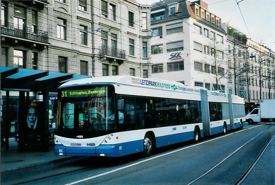 (104'334) - VBZ Z�rich - Nr. 61 - Hess/Hess Doppelgelenktrolleybus am 19. Februar 2008 in Z�rich, L�wenplatz