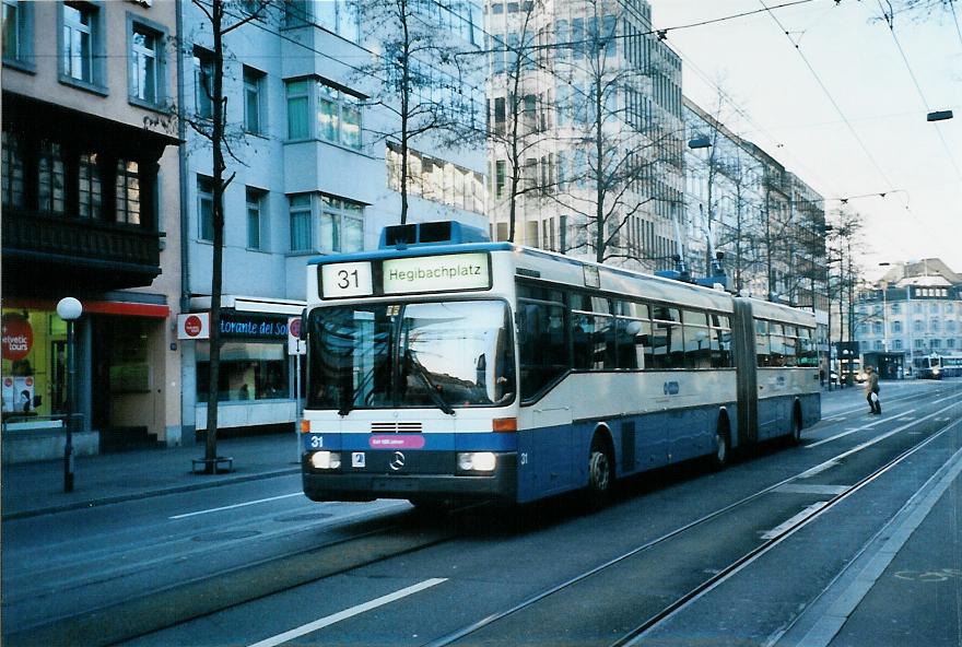 (104'403) - VBZ Z�rich - Nr. 31 - Mercedes Gelenktrolleybus am 19. Februar 2008 in Z�rich, L�wenstrasse