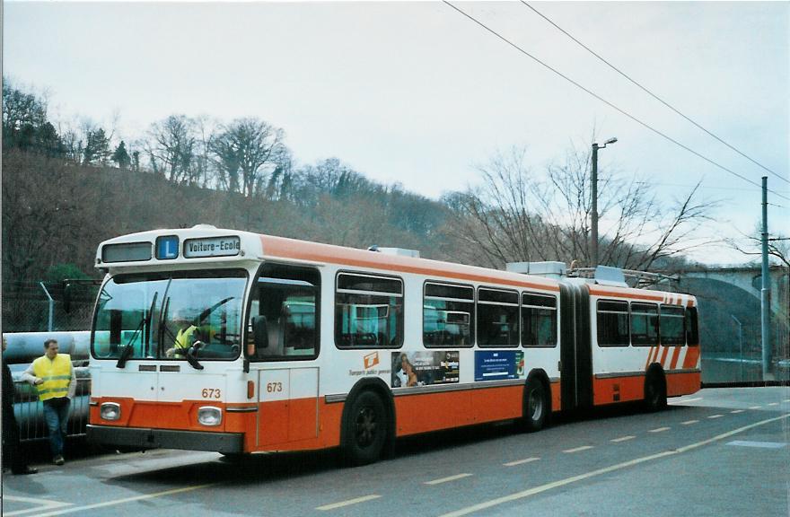 (105'131) - TPG Gen�ve - Nr. 673 - Saurer/Hess Gelenktrolleybus am 15. M�rz 2008 in Gen�ve, D�p�t