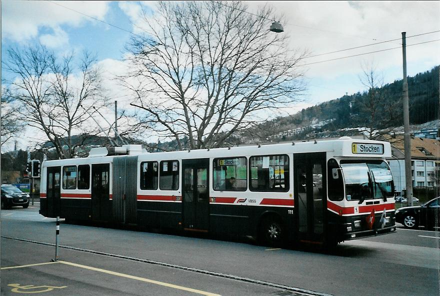 (105'915) - VBSG St. Gallen - Nr. 111 - Saurer/Hess Gelenktrolleybus am 29. M�rz 2008 in St. Gallen, Lerchenfeld