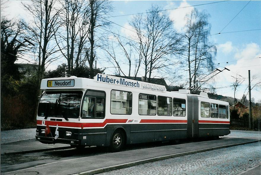 (105'922) - VBSG St. Gallen - Nr. 111 - Saurer/Hess Gelenktrolleybus am 29. M�rz 2008 in St. Gallen, Stocken