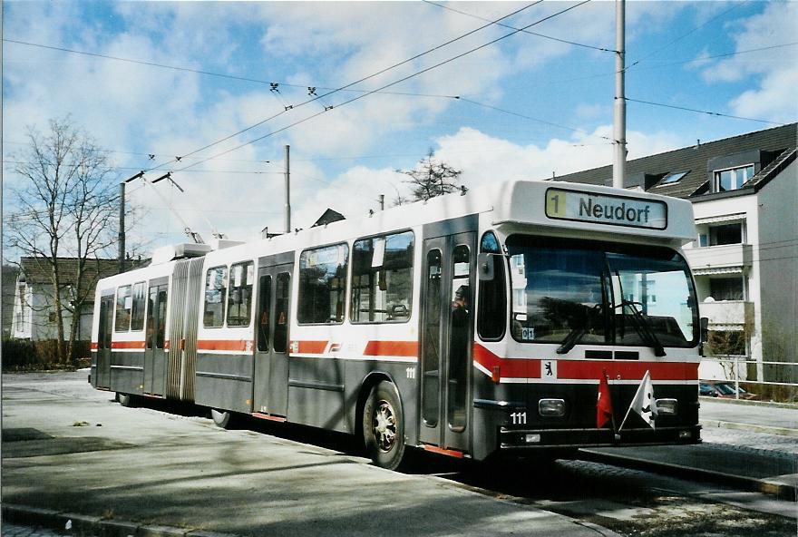 (105'923) - VBSG St. Gallen - Nr. 111 - Saurer/Hess Gelenktrolleybus am 29. M�rz 2008 in St. Gallen, Stocken
