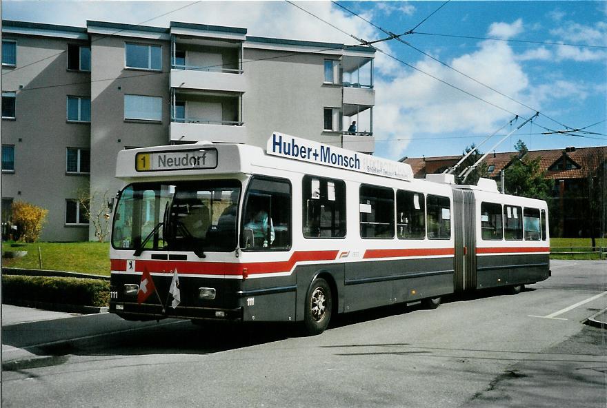 (105'931) - VBSG St. Gallen - Nr. 111 - Saurer/Hess Gelenktrolleybus am 29. M�rz 2008 in St. Gallen, Wolfganghof