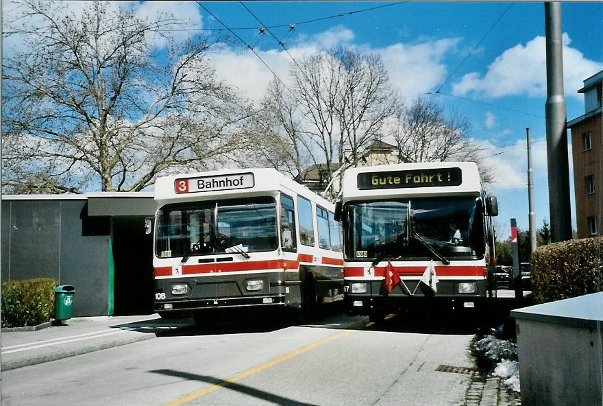 (106'009) - VBSG St. Gallen - Nr. 108 - Saurer/Hess + Nr. 157 - NAW/Hess Gelenktrolleybusse am 29. M�rz 2008 in St. Gallen, Heiligkreuz