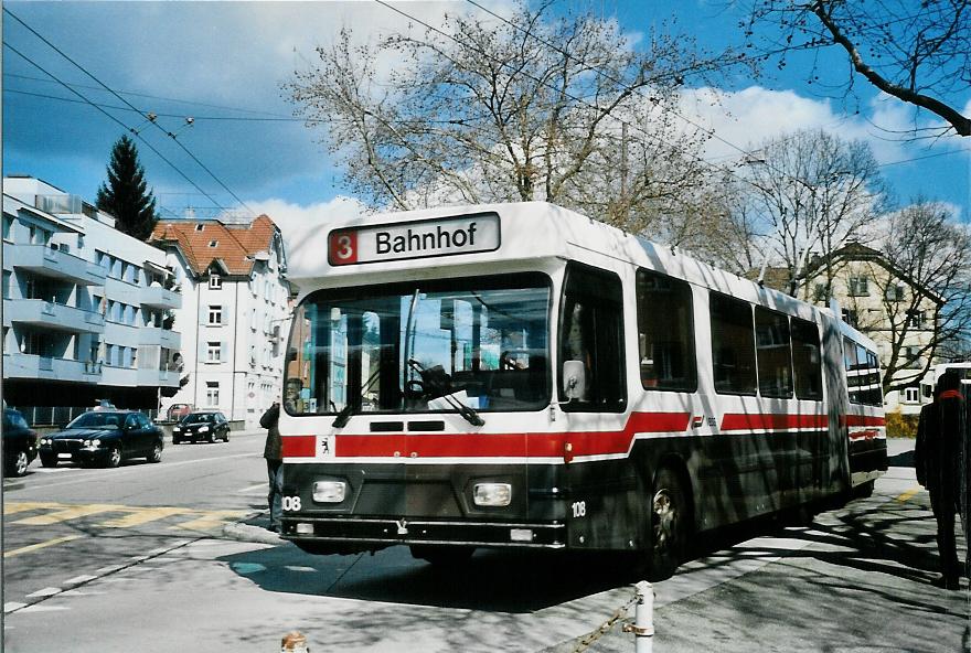 (106'011) - VBSG St. Gallen - Nr. 108 - Saurer/Hess Gelenktrolleybus am 29. M�rz 2008 in St. Gallen, Heiligkreuz