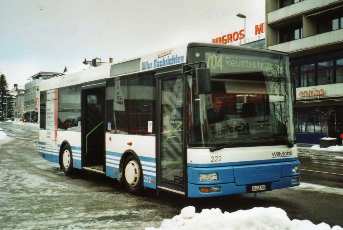 (114'510) - WilMobil, Wil - Nr. 222/SG 245'702 - MAN/G�ppel (ex Wick, Wil Nr. 2) am 18. Februar 2009 beim Bahnhof Wil
