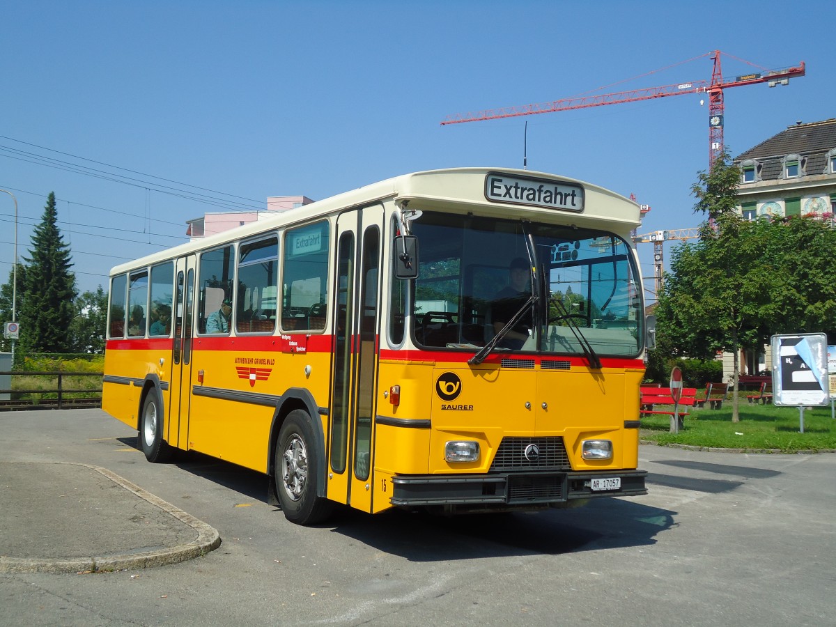 (128'854) - Osthues, Teufen - Nr. 15/AR 17'057 - Saurer/Leyland-Hess (ex AVG Grindelwald Nr. 15; ex RhV Altst�tten Nr. 42) am 21. August 2010 beim Bahnhof Arbon