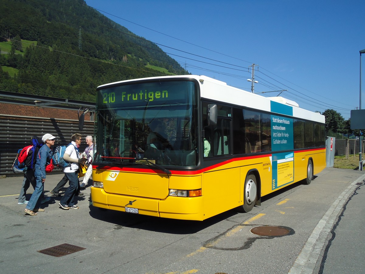 (129'360) - PostAuto Bern - BE 671'620 - Volvo/Hess (ex Schmocker, Stechelberg Nr. 2; ex PostAuto Graub�nden; ex P 25'682) am 5. September 2010 beim Bahnhof Reichenbach