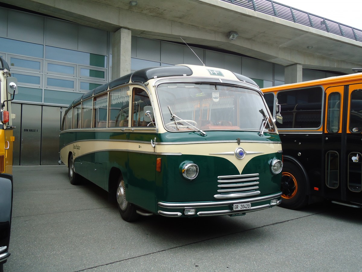 (129'950) - Fischer, Chur - GR 20'420 - Saurer/R&J (ex Geiger, Adelboden Nr. 1; ex AAGI Intelaken) am 18. September 2010 in Breil, Milit�ranlage
