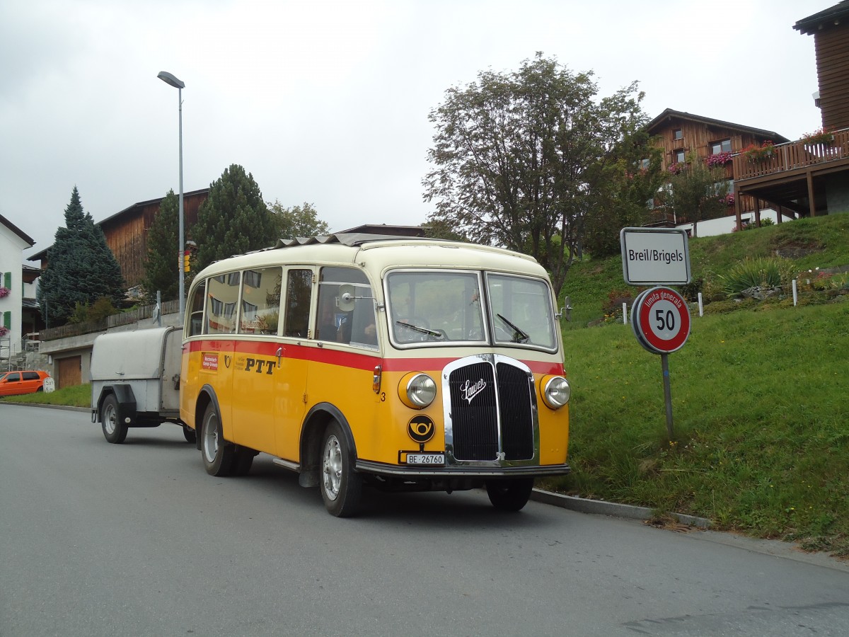 (130'051) - Schmid, Th�rishaus - Nr. 3/BE 26'760 - Saurer/Gangloff (ex Geiger, Adelboden Nr. 3) am 18. September 2010 in Breil, Ortstafel