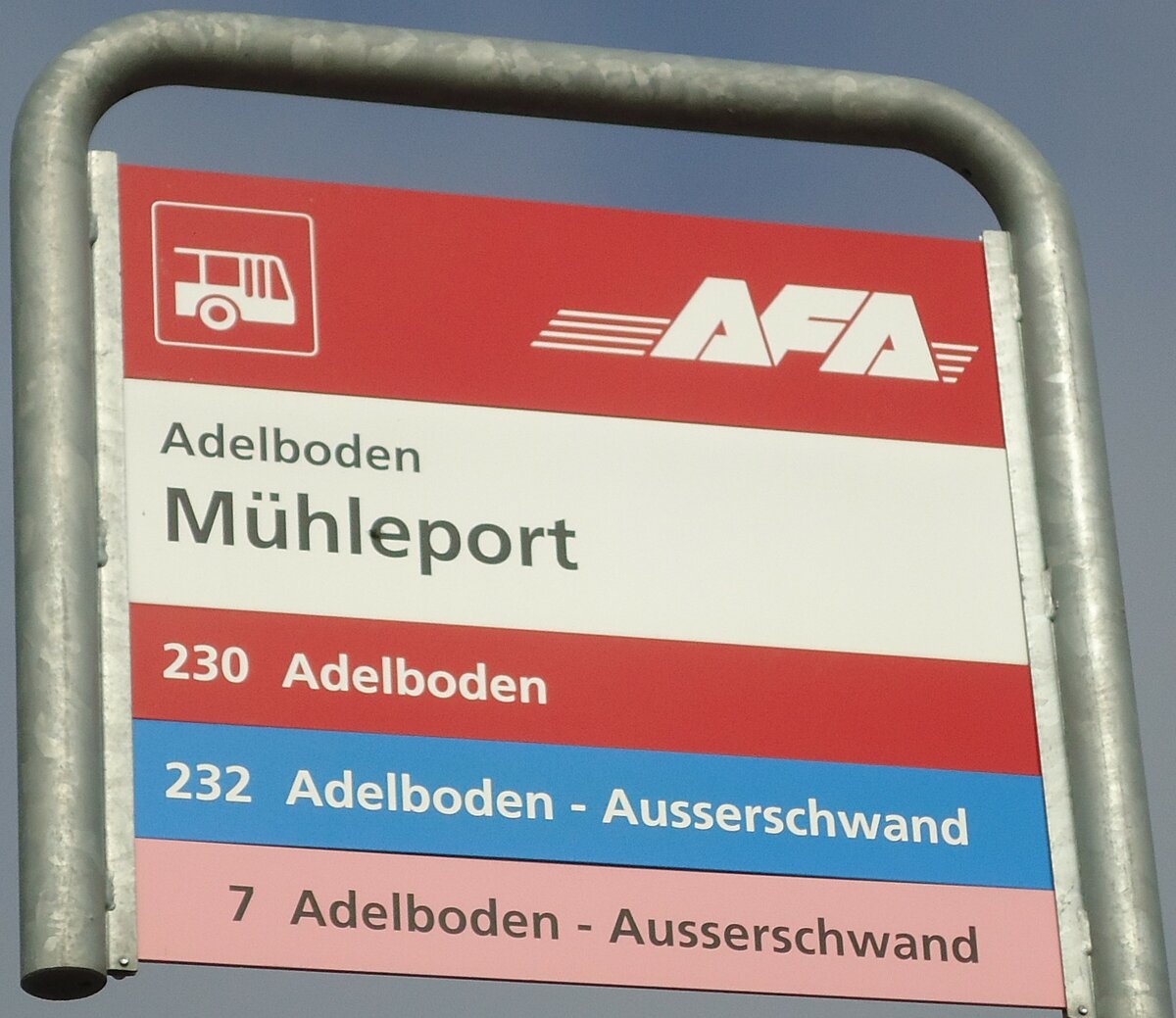 (130'368) - AFA-Haltestellenschild - Adelboden, M�hleport - am 11. Oktober 2010