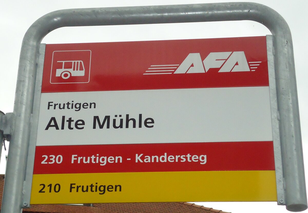 (130'994) - AFA/PostAuto-Haltestellenschild - Frutigen, Alte M�hle - am 15. November 2010