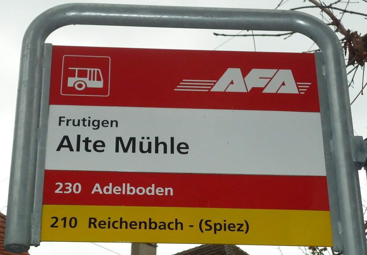 (130'995) - AFA/PostAuto-Haltestellenschild - Frutigen, Alte M�hle - am 15. November 2010