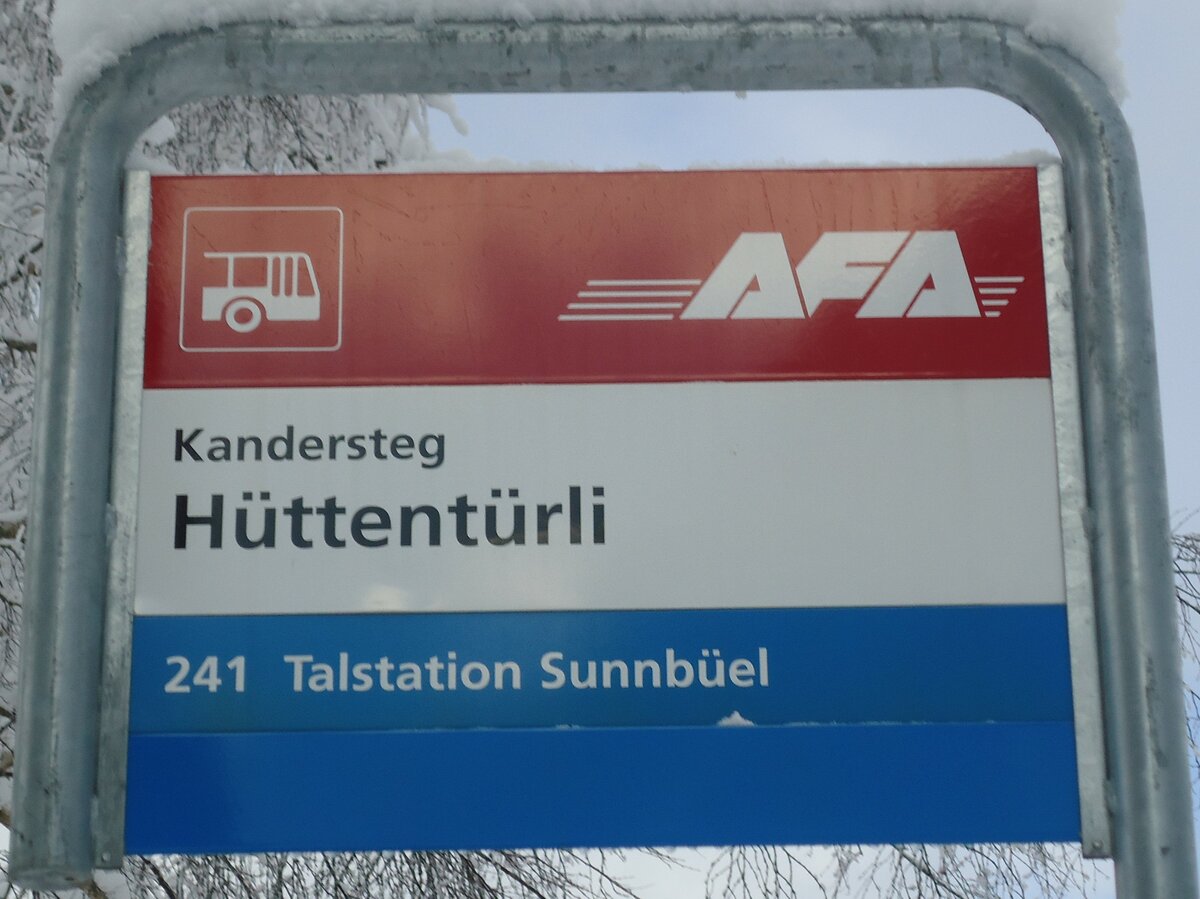 (131'683) - AFA-Haltestellenschild - Kandersteg, H�ttent�rli - am 26. Dezember 2010