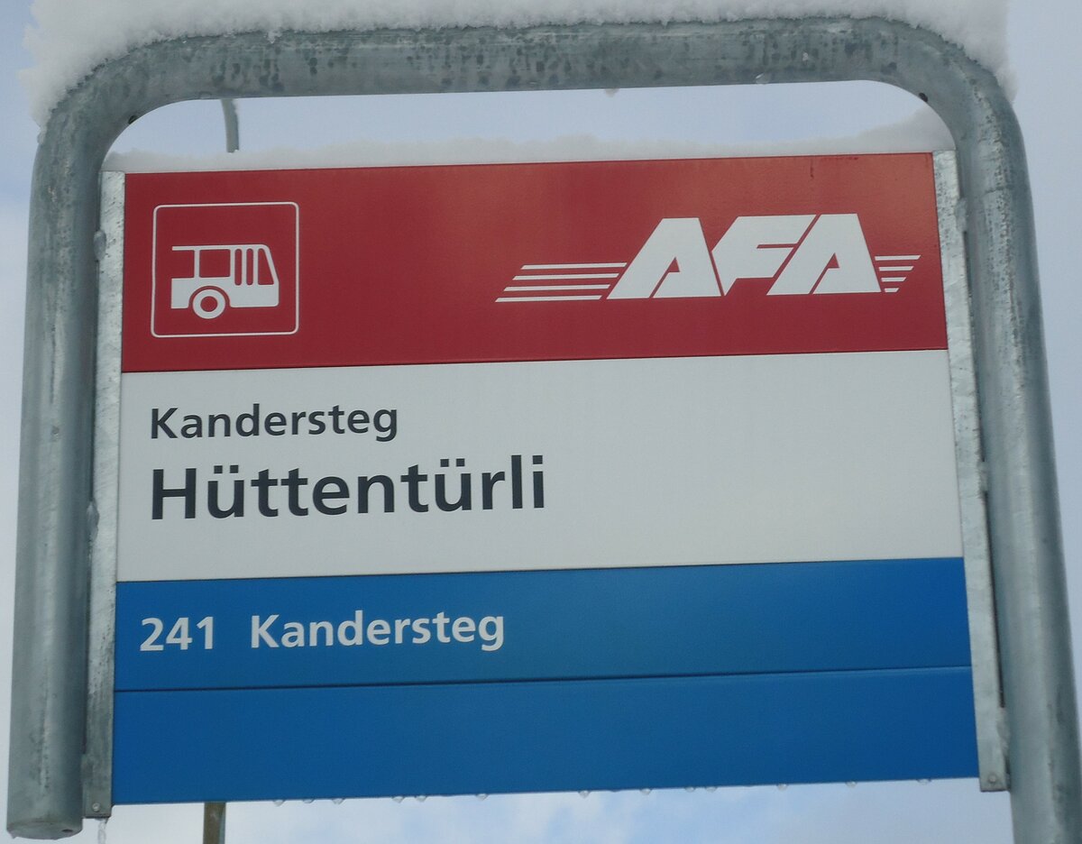 (131'684) - AFA-Haltestellenschild - Kandersteg, H�ttent�rli - am 26. Dezember 2010
