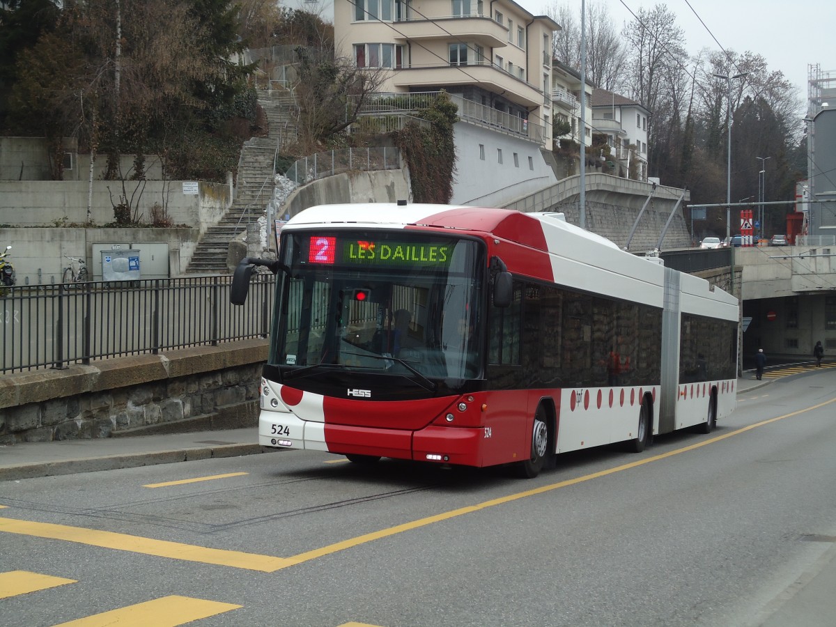 (132'693) - TPF Fribourg - Nr. 524 - Hess/Hess Gelenktrolleybus am 7. M�rz 2011 in Fribourg, Avenue Beauregard