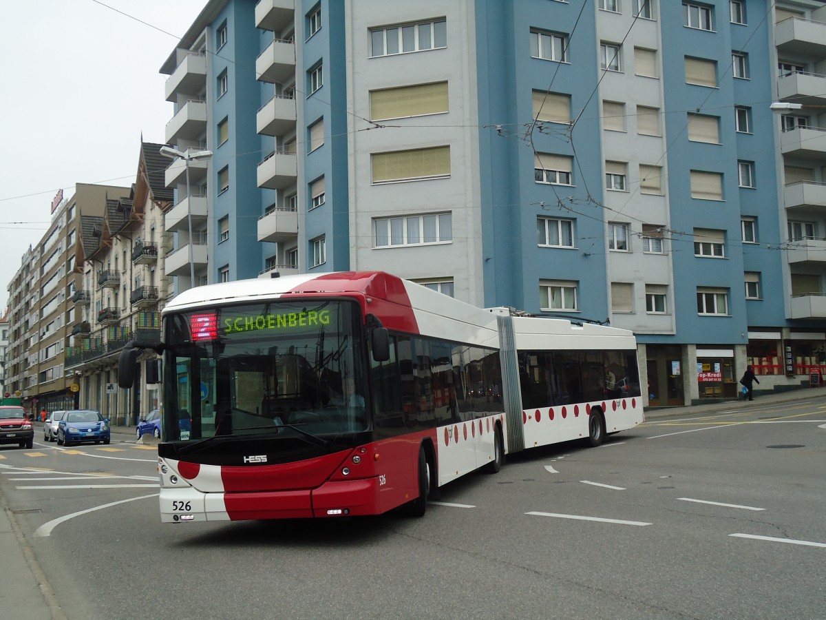 (132'695) - TPF Fribourg - Nr. 526 - Hess/Hess Gelenktrolleybus am 7. M�rz 2011 in Fribourg, Avenue Beauregard