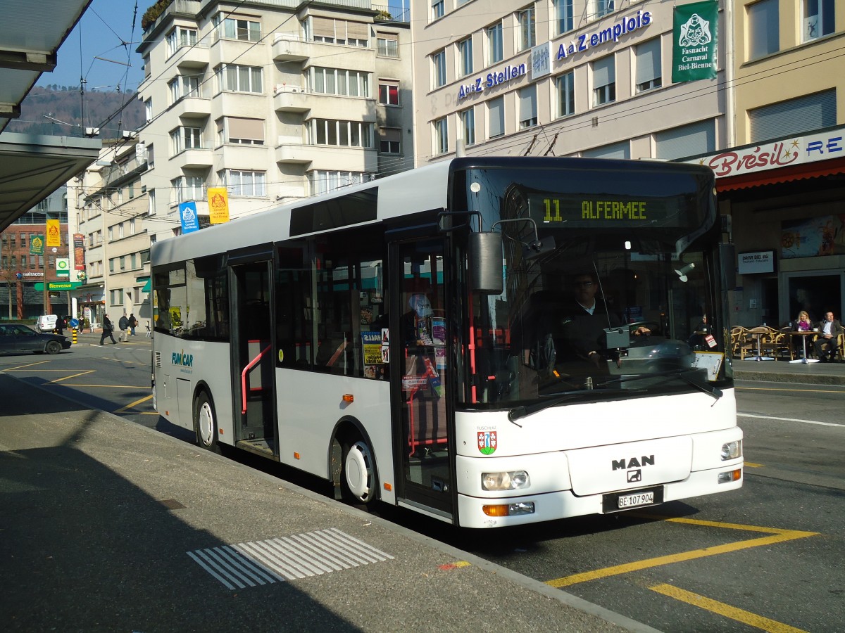 (132'786) - Funi-Car, Biel - Nr. 4/BE 107'904 - MAN am 9. M�rz 2011 beim Bahnhof Biel