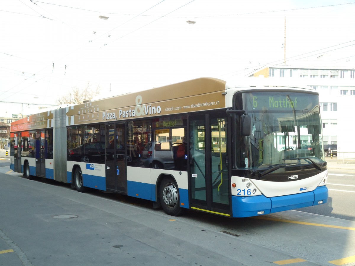 (133'013) - VBL Luzern - Nr. 216 - Hess/Hess Gelenktrolleybus am 11. M�rz 2011 in Luzern, Weinbergli