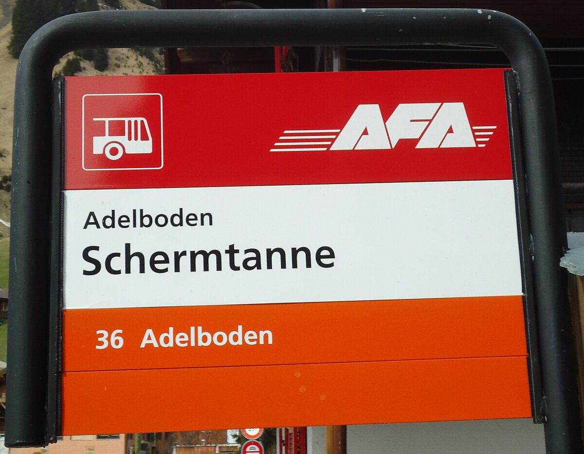 (133'168) - AFA-Haltestellenschild - Adelboden, Schermtanne am 27. M�rz 2011