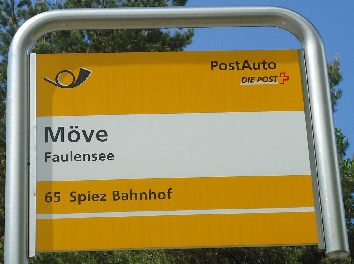 (133'519) - PostAuto-Haltestellenschild - Faulensee, M�ve - am 1. Mai 2011