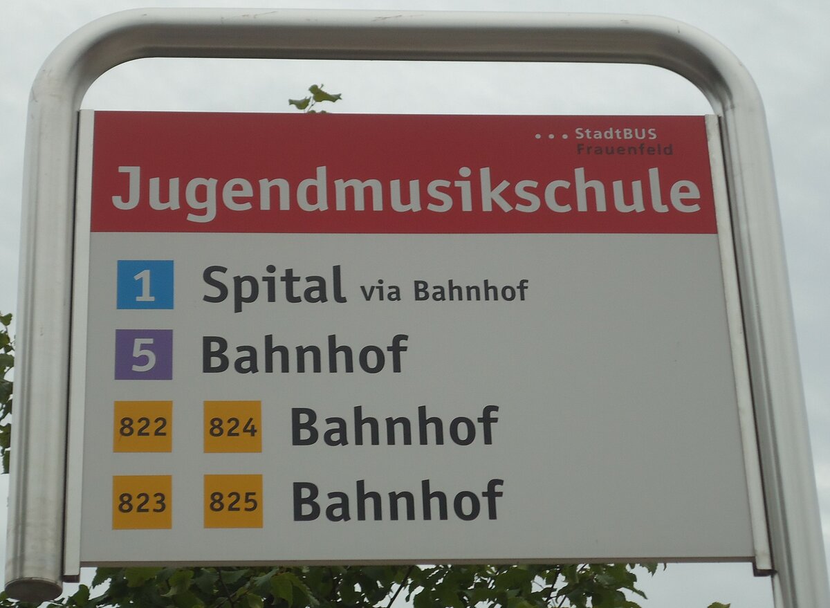 (134'907) - StadtBUS/PostAuto-Haltestellenschild - Frauenfeld, Jugendmusikschule - am 10. Juli 2011