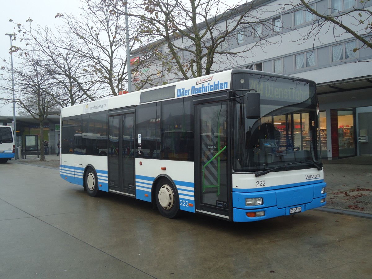 (136'879) - WilMobil, Wil - Nr. 222/SG 245'702 - MAN/G�ppel (ex Wick, Wil Nr. 2) am 23. November 2011 beim Bahnhof Wil