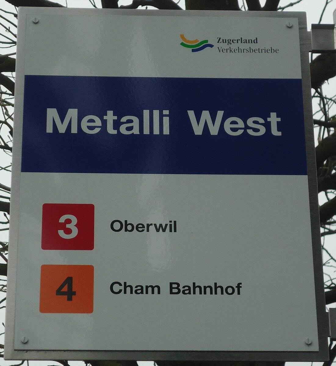 (137'986) - Zugerland Verkehrsbetriebe-Haltestellenschild - Zug, Metalli West - am 6. M�rz 2012