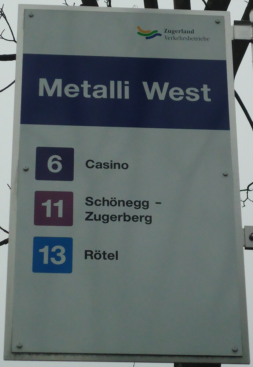 (137'987) - Zugerland Verkehrsbetriebe-Haltestellenschild - Zug, Metalli West - am 6. M�rz 2012