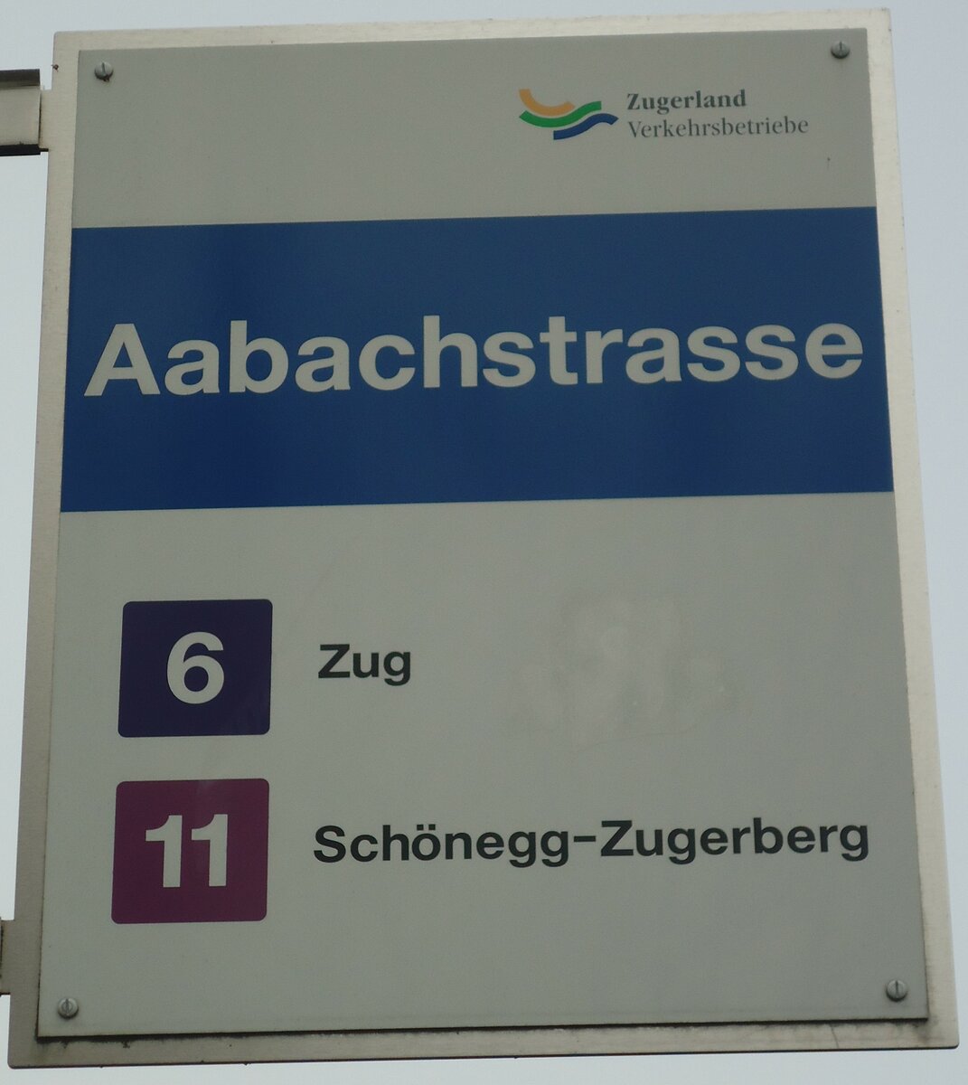 (138'014) - Zugerland Verkehrsbetriebe-Haltestellenschild - Zug, Aabachstrasse - am 6. M�rz 2012