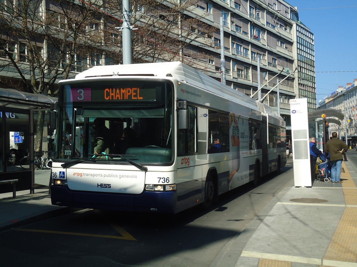 (138'269) - TPG Gen�ve - Nr. 736 - Hess/Hess Gelenktrolleybus am 9. M�rz 2012 in Gen�ve, Coutance