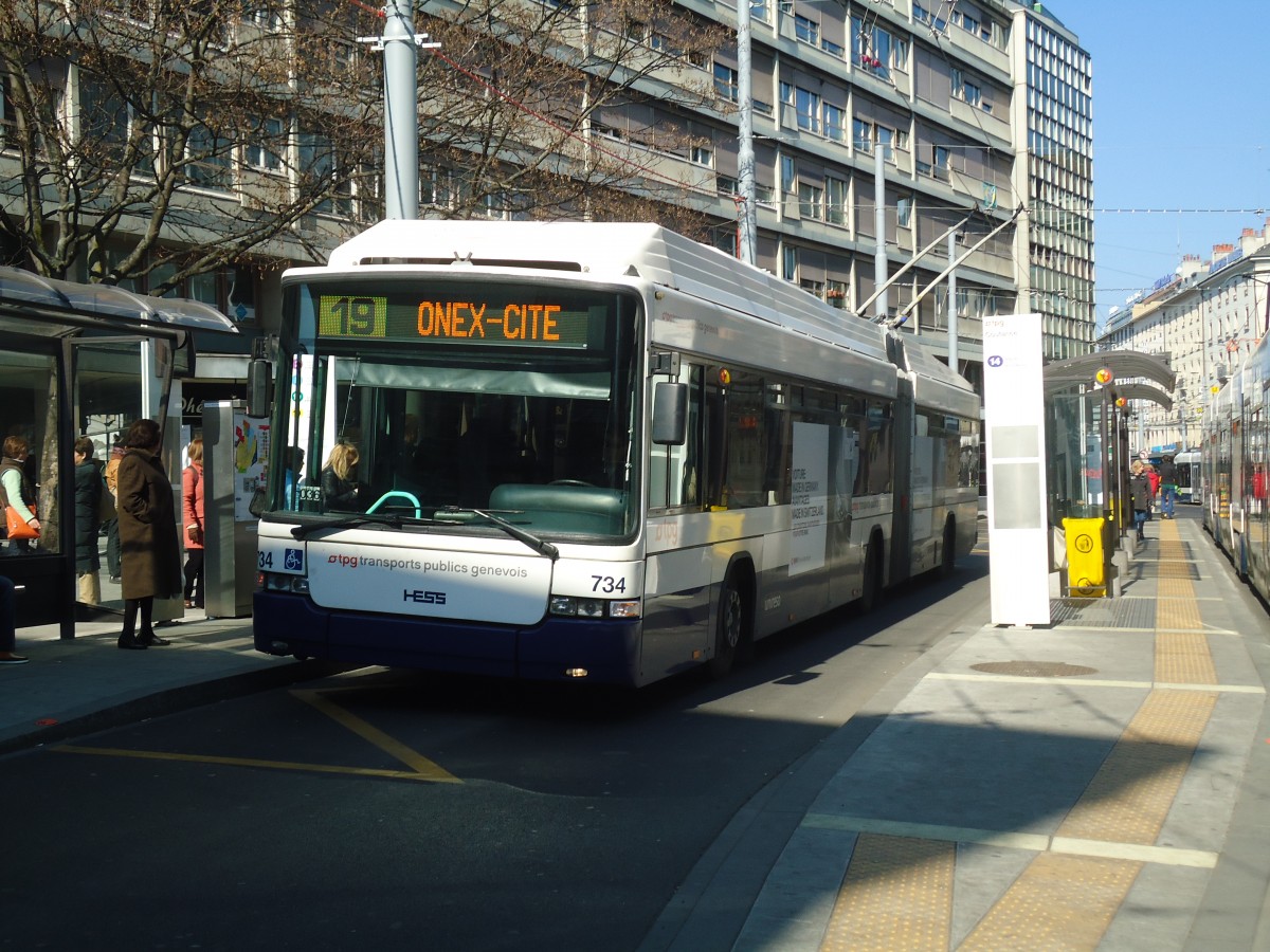 (138'276) - TPG Gen�ve - Nr. 734 - Hess/Hess Gelenktrolleybus am 9. M�rz 2012 in Gen�ve, Coutance