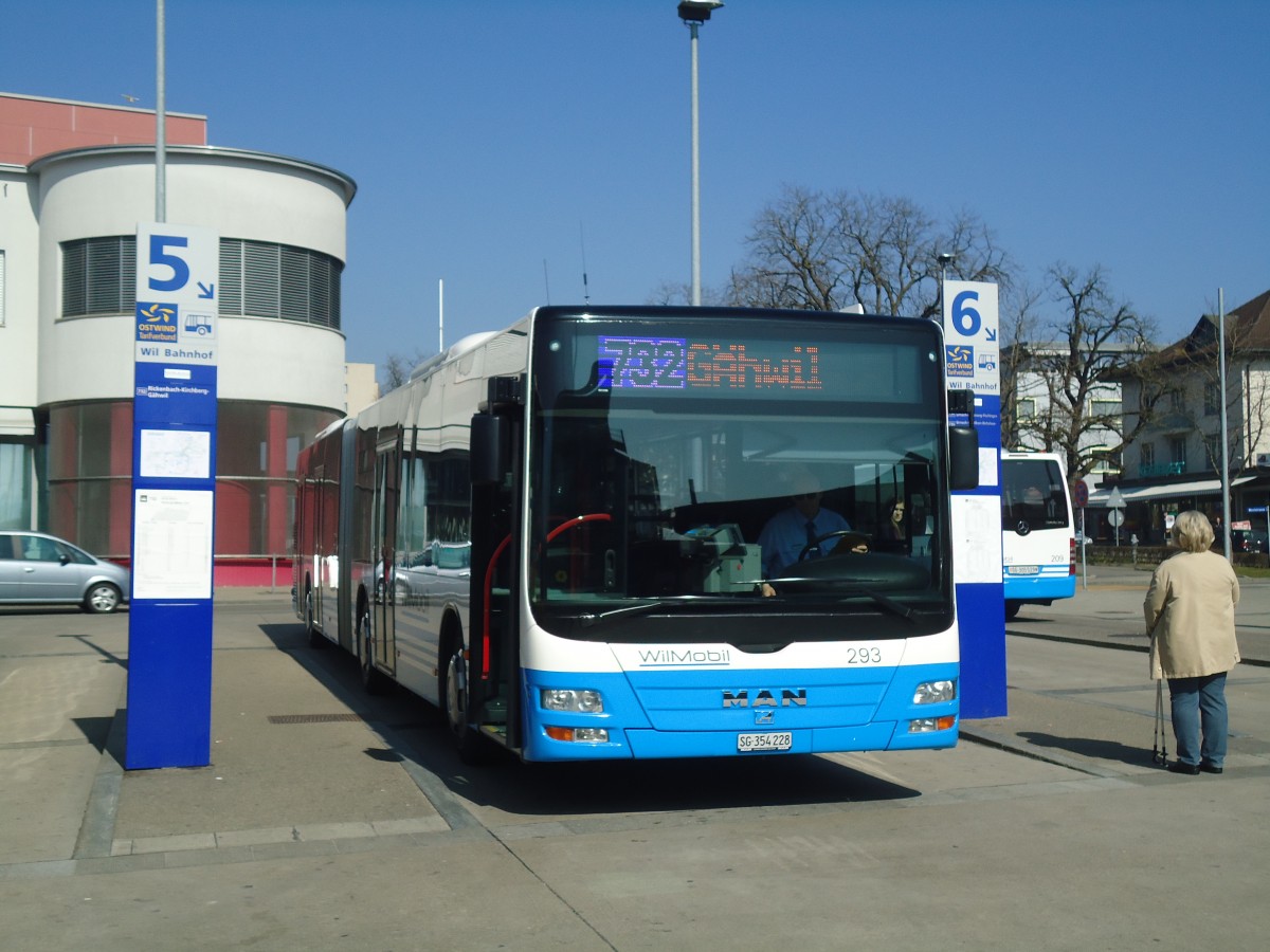(138'332) - WilMobil, Wil - Nr. 293/SG 354'228 - MAN (ex RTB Altst�tten Nr. 3; ex SBC Chur Nr. 97) am 14. M�rz 2012 beim Bahnhof Wil