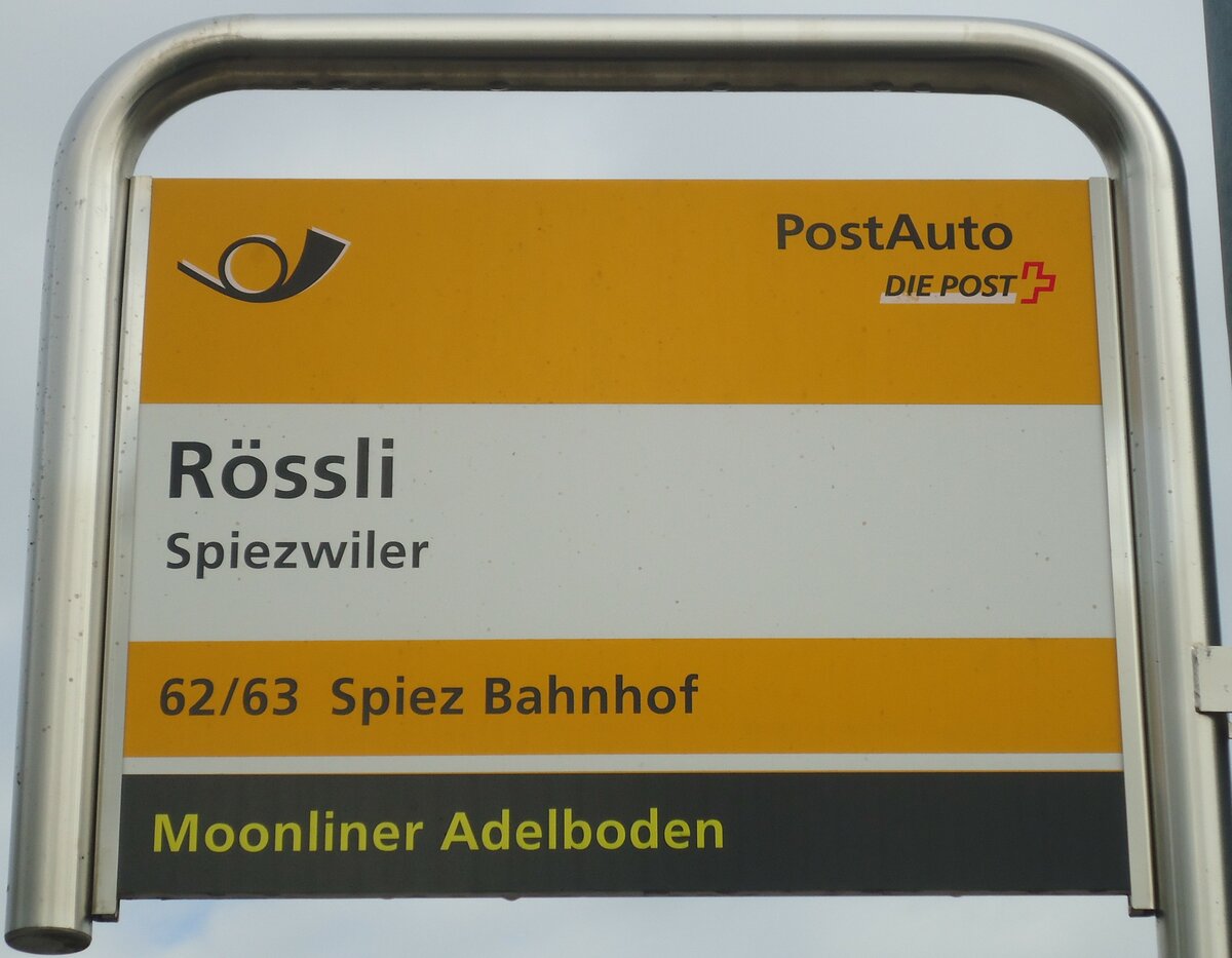 (138'425) - PostAuto-Haltestellenschild - Spiezwiler, R�ssli - am 6. April 2012