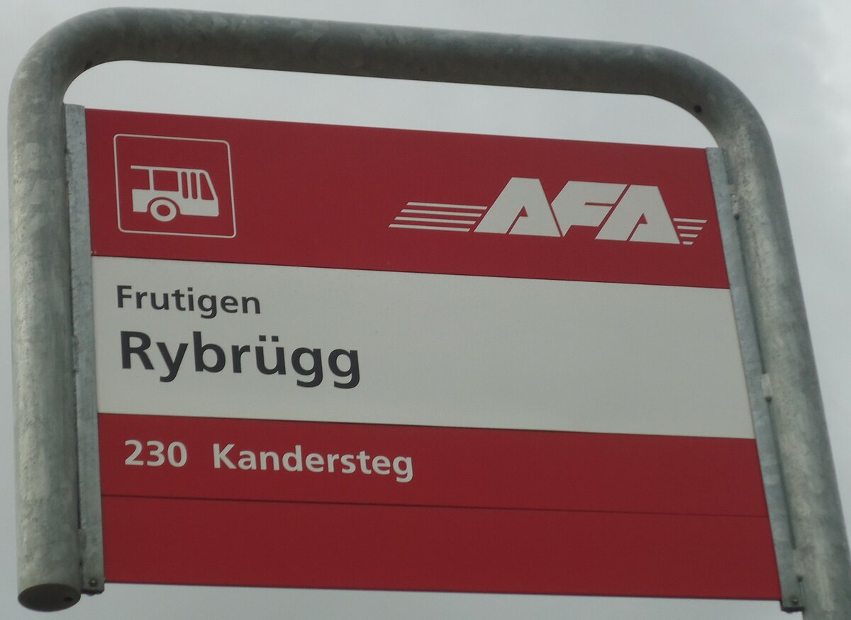 (138'448) - AFA-Haltestellenschild - Frutigen, Rybr�gg - am 6. April 2012