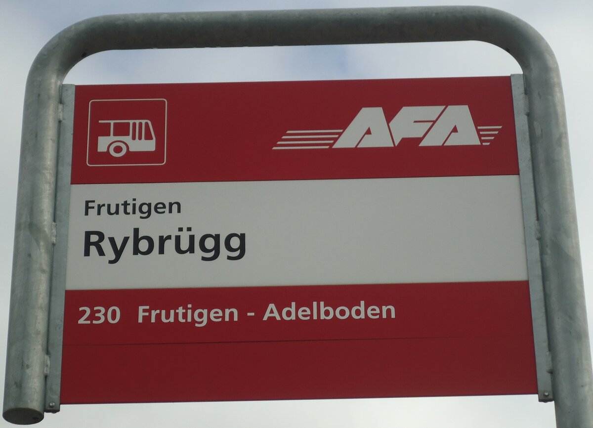(138'449) - AFA-Haltestellenschild - Frutigen, Rybr�gg - am 6. April 2012